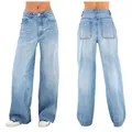 Front and back view of high waist wide leg light blue women's denim jeans in detail - XS / Dark Blue