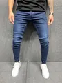 Gedetailleerd overzicht van de donkerblauwe stretch skinny jeans voor heren, urban look. - S / Bottoms / Donkerblauw Stijl (NK362)