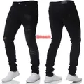 Vista frontale e posteriore di jeans neri slim strappati da uomo a vita alta - Taglia S / Pantaloni e gonne / Nero