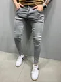Gedetailleerde weergave van de grijze skinny fit herenjeans van stretch denim stof - S / Bottoms / Grijze Stijl (NK362)