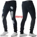Vista frontale e posteriore dettagliata di jeans slim fit blu navy strappati da uomo - Taglia S / Pantaloni e gonne / Blu scuro