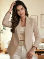 Elegant beige notched lapel long sleeve blazer with decorative three-button cuffs and slim fit - Khaki