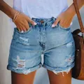 Casual women's high waisted ripped denim shorts in a stylish light blue wash finish - S / Bottoms / Light Blue (6626)