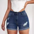High waisted ripped denim shorts with rolled cuffs in a classic washed blue finish - S / Bottoms / Dark Blue (2306)