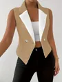 Detail of slim fit sleeveless blazer vest with contrast lapel and double buttons - Khaki