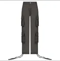 Front view of women's high-waisted dark grey cargo pants with multiple utility pockets - S / Bottoms / Dark Gray