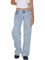 Détail d'un jean en denim bleu clair pour femme avec taille haute et coupe droite - XS / Bas / Bleu clair
