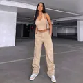 Khaki high-waist loose cargo jeans with multi-pocket design for trendy street style - S / Bottoms / Apricot
