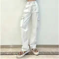 Stylish high-waist white cargo pants featuring multi-pockets and black contrast stitching - White