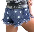 Detailed back view of high-waisted denim shorts with star prints and frayed hems. - S / Bottoms / Blue