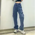 Street style high-waisted blue cargo denim pants featuring a multi-pocket design for women - Blue