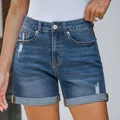 Women's blue distressed denim shorts with rolled cuffs and slim fit design - S / Dark Blue