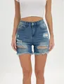 Dettaglio di pantaloncini di denim blu invecchiato con bordi a frange per donna - Taglia S / Pantaloni e gonne / Blu scuro