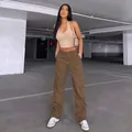 High-waisted khaki cargo pants with multiple pockets and straight leg fit - Dark Brown