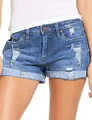 Short en jean extensible pour femme avec détails déchirés et revers pour un look d'été tendance - S / Bleu clair