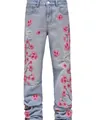 Men's light blue straight-leg jeans with pink cherry blossom embroidery and ripped details. - 28 / Bottoms / Light Blue