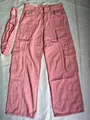 Retro pink cargo wide-leg denim pants featuring multiple pockets and a relaxed straight fit - S / Bottoms / Pink