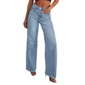 Detailed view of high-waist light wash wide-leg denim jeans with frayed hems for women - S / Bottoms / Light Blue