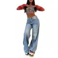 Jean denim rétro à taille haute et jambe large bleu clair pour un look baggy élégant - Bleu Clair (2054 Bleu)