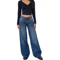 Full body view of model wearing American vintage low-waist blue washed wide-leg jeans - XS / Bottoms / Mid Blue (207)