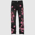 Men's black straight jeans with pink cherry blossom embroidery and distressed details. - 28 / Bottoms / Black