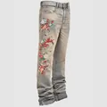 Men's straight denim jeans with crane and floral embroidery in light blue wash - S / Bottoms / Nostalgic Blue
