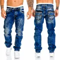 Mens straight leg denim jeans with hip-hop style contrast stitching and washed blue finish - S / Bottoms / Blue
