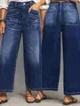 Detaillierte Vorder- und Rückansicht der Vintage-Wash-Jeans mit weitem Bein für Damen - S / Unterteile / Dunkelblau