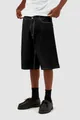 Men's black denim shorts with white contrast stitching on model - S / Bottoms / Black