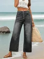 High-waisted grey wide-leg cropped jeans for women with a stylish button-down front. - S / Bottoms / Black