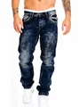 Straight leg men's blue denim jeans featuring contrast triple stitching and multi-pocket design - Dark Blue