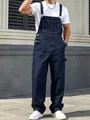 Full-body view of men's retro dark blue denim overalls with loose straight fit - S / Top And Bottom / Denim Blue
