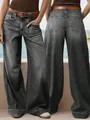 Front and back detail of women's loose wide-leg straight denim jeans in dark grey - S / Bottoms / Black