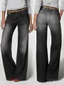 Vista frontal y trasera de vaqueros vintage grises de mujer con cintura alta y pernera ancha - S / Bottoms / Negro
