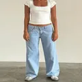 Close-up view of women's vintage low-rise wide-leg straight jeans in light wash denim blue - XS / Bottoms / Light Blue (331)