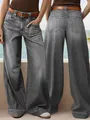 Detail view of women's loose wide-leg straight denim jeans from front and back - Gray