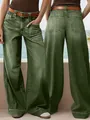 Detailed view of olive green wide-leg denim pants showing front and back patch pockets - Army Green