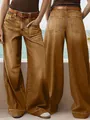 Detailed view showing the front and back of women's brown wide-leg straight jeans. - Dark Brown
