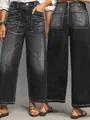 Retro-waschen schwarze Jeans mit weitem Bein und großen Taschen für Damen - S / Unterteile / Schwarz (2584#)