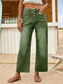 Stylish women's high waist button fly cropped wide leg jeans in vintage green denim finish - S / Bottoms / Army Green