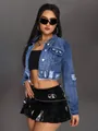 Close-up detail of a stylish distressed cropped blue denim jacket on a fashion model - S / Tops / Denim Blue