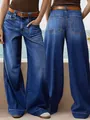 High-waisted women's blue wide-leg straight denim jeans with front and back views - S / Bottoms / Dark Blue
