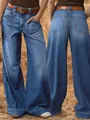 Classic high-waisted blue denim jeans for women with a loose wide-leg fit and front-back view - S / Bottoms / Blue