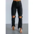 Vista frontale dettagliata di jeans neri strappati a vita alta da donna con orli sfrangiati. - Taglia S / Pantaloni e gonne / Nero