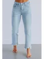 Vaqueros cropped de campana azul claro para mujer con detalles de dobladillo descosido - S / Bottoms / Azul claro
