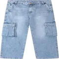 Detail of men's loose straight denim cargo pants with functional side pockets - S / Bottoms / Light Blue