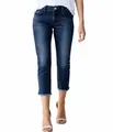 Detailansicht der dunkelblauen Damen-7/8-Jeans mit schmaler Passform und Fransen. - S / Unterteile / Dunkelblau