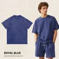 Ensemble t-shirt et short en coton épais délavé vintage bleu roi pour hommes style ample - S / Hauts / Bleu délavé