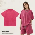 T-shirt vintage rose rouge 230g en coton lavé avec une coupe oversize décontractée - S / Hauts / Rouge Rose Délavé à l'Acide