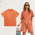T-shirt en coton 230g orange délavé à l'acide style vintage ample - S / Hauts / Orange Délavé